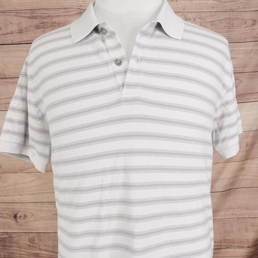 Eddie Bauer Polo Shirt Mens L White Gray Striped 100% Cotton Knit Short Sleeve